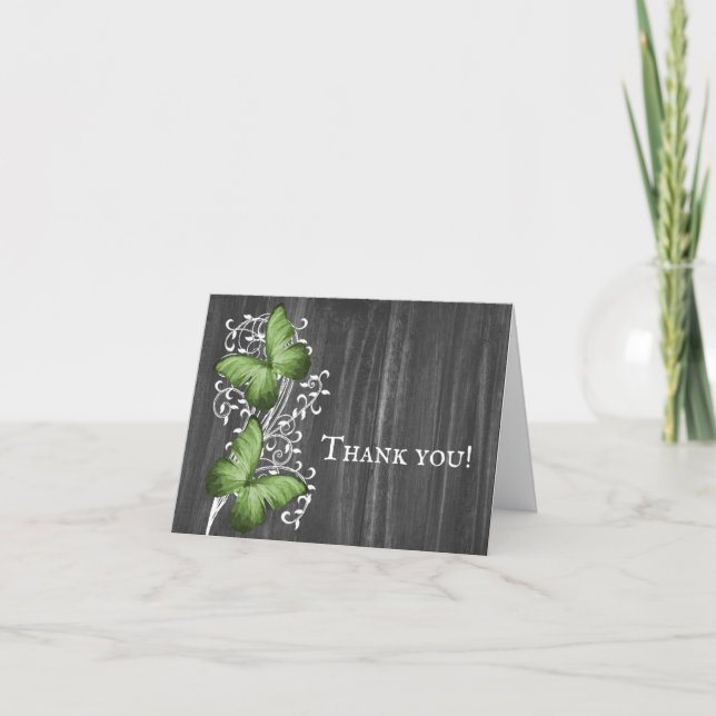 Green Rustic Butterfly Wedding Thank You Cards (Front)