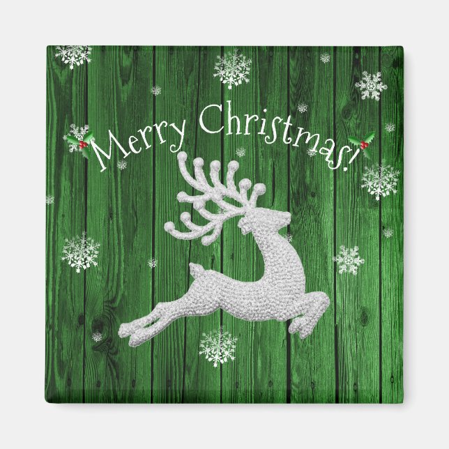 Green Rustic Christmas Reindeer Magnet (Front)