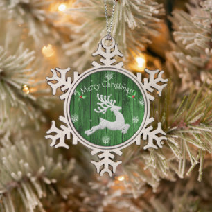 Green Rustic Christmas Reindeer Snowflake Ornament