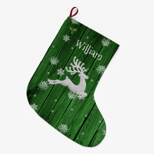 Green Rustic Christmas Reindeer Stocking