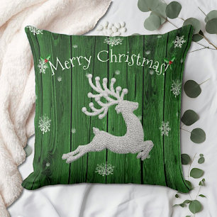 Green Rustic Christmas Reindeer Throw Pillow