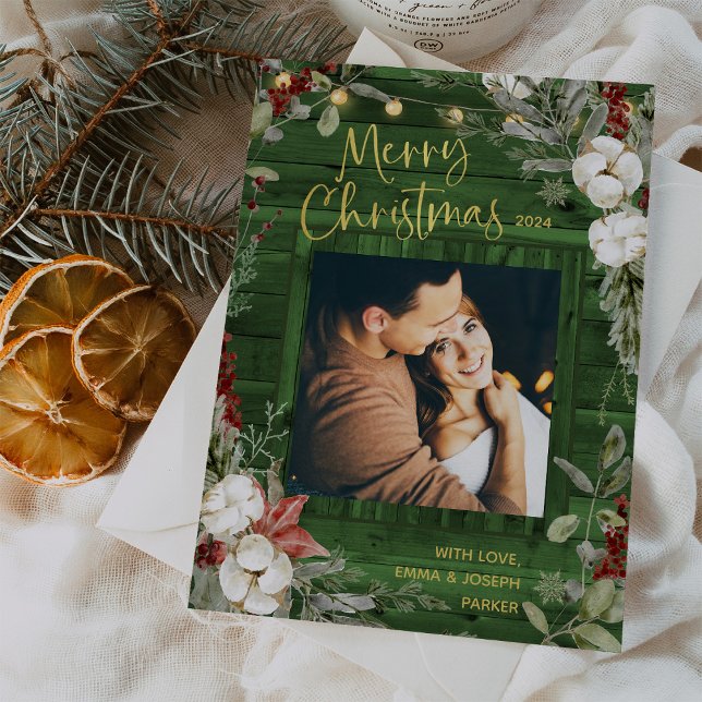 Green Rustic Christmas | Winter Floral and Photo Holiday Card (Creator Uploaded)