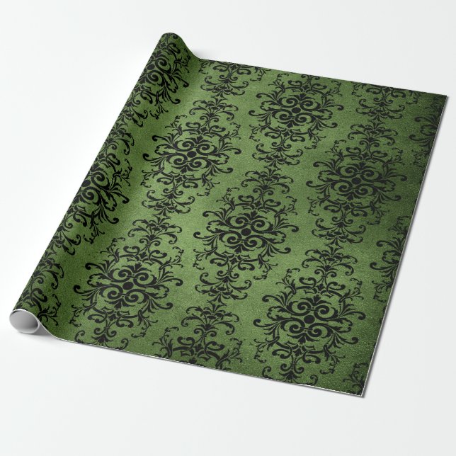 Green Rustic Damask Print Wrapping Paper (Unrolled)