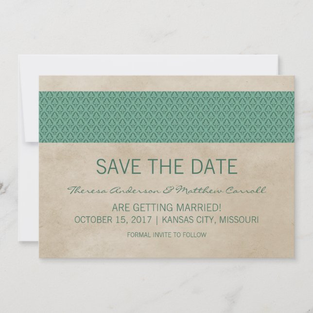 Green Rustic Damask Save the Date Invite (Front)