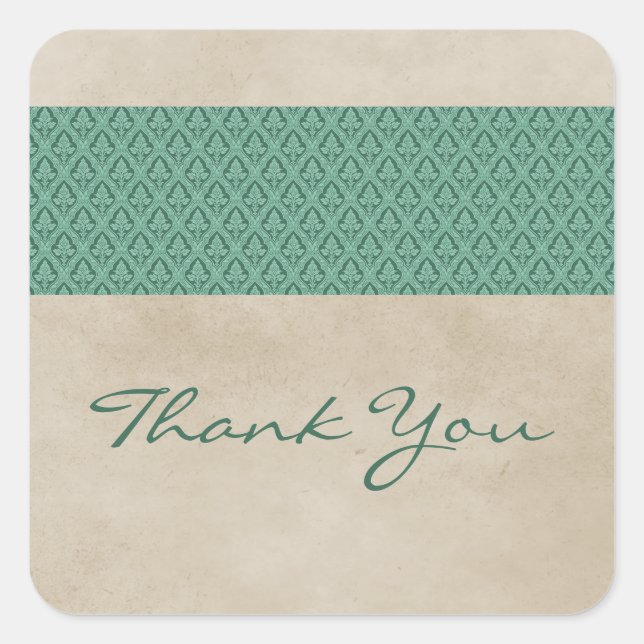 Green Rustic Damask Thank You Stickers (Front)