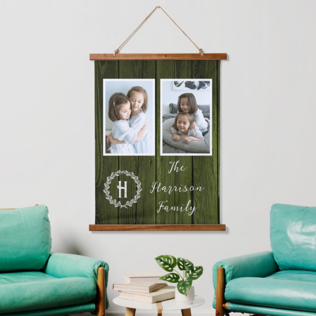 Green Rustic Family Monogram Photo Hanging Tapestry (Living Room)