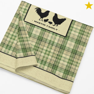 Green Rustic Farmhouse Plaid Chicken Family Name Tablecloth