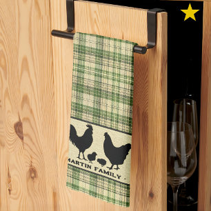 Green Rustic Farmhouse Plaid Chicken Family Name   Tea Towel