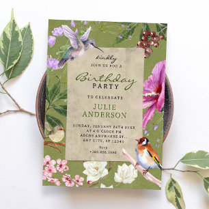 Green rustic floral bird art birthday invitation