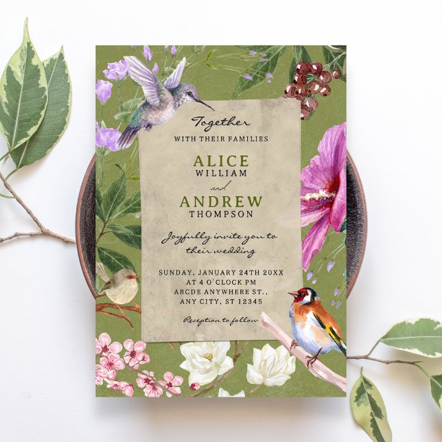 Green rustic floral bird art wedding invitation (Creator Uploaded)