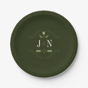 Green Rustic Forest Wedding Reception Monogram Paper Plate
