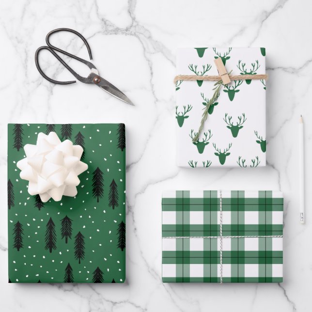 Green Rustic Holiday Patterns Woods Trees Plaid Wrapping Paper Sheet (Front)
