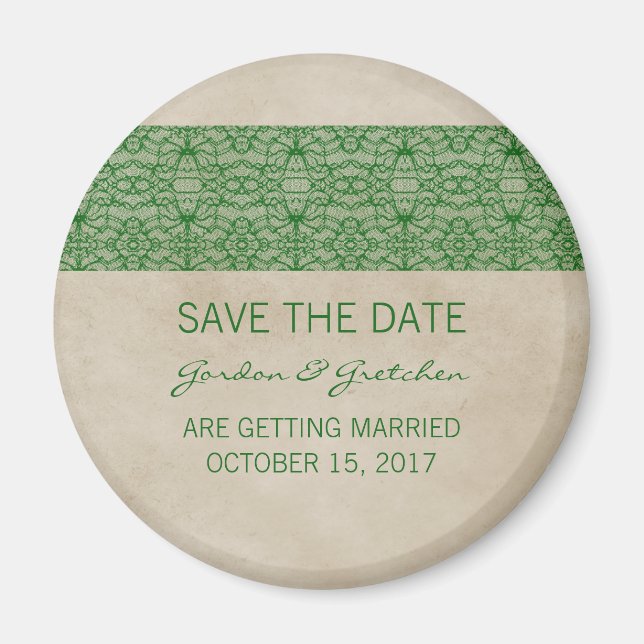 Green Rustic Lace Save the Date Magnet (Front)