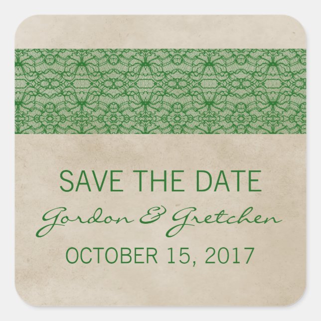 Green Rustic Lace Save the Date Stickers (Front)