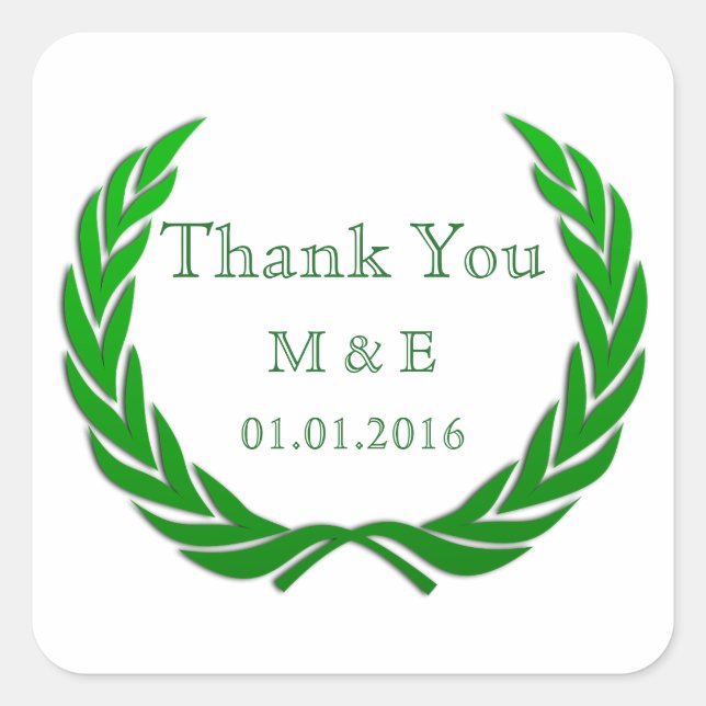 Green Rustic Laurel Wreath Personalised Thank You Square Sticker (Front)