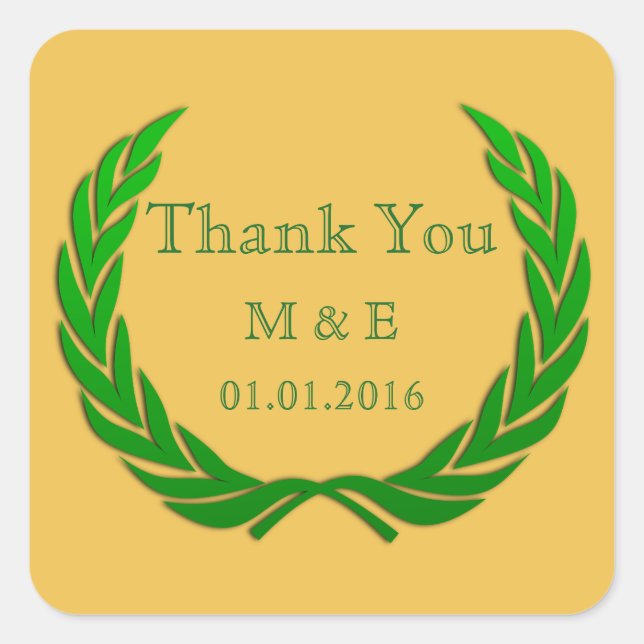 Green Rustic Laurel Wreath Personalised Thank You Square Sticker (Front)