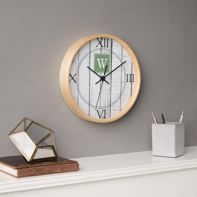 Green Rustic Monogram Clock (Office)