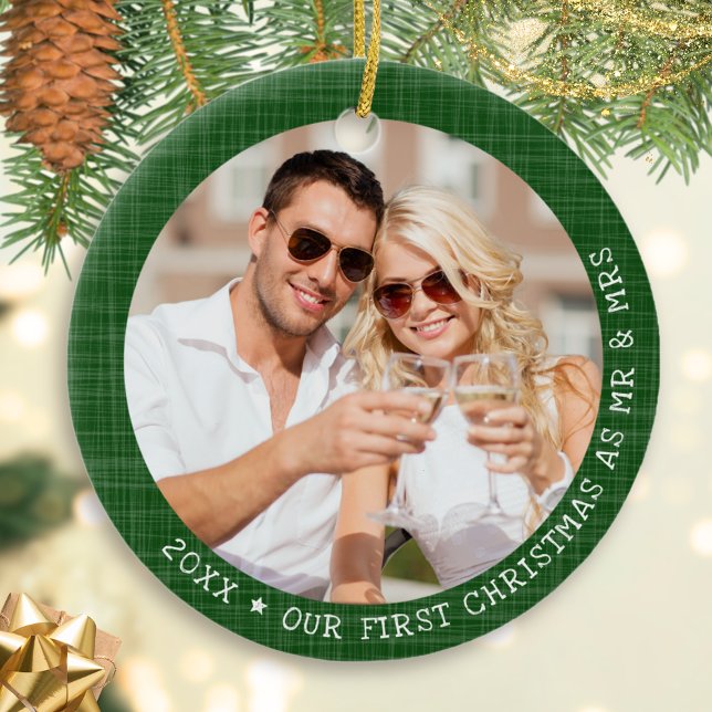 Green Rustic Photo Mr & Mrs Christmas Ceramic Ornament (Creator Uploaded)