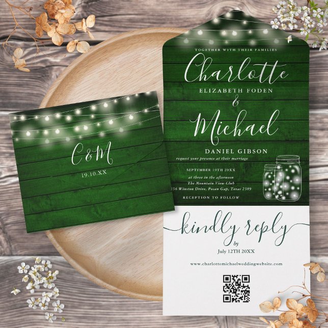 Green Rustic QR Code Mason Jars Lights Wedding All In One Invitation (Green Rustic QR Code Mason Jars Lights Wedding All In One Invitation)