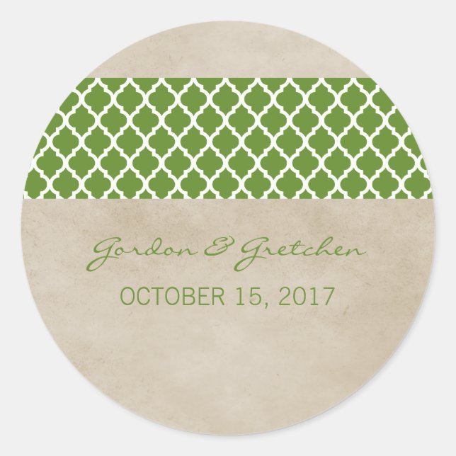 Green Rustic Quatrefoil Wedding Stickers (Front)