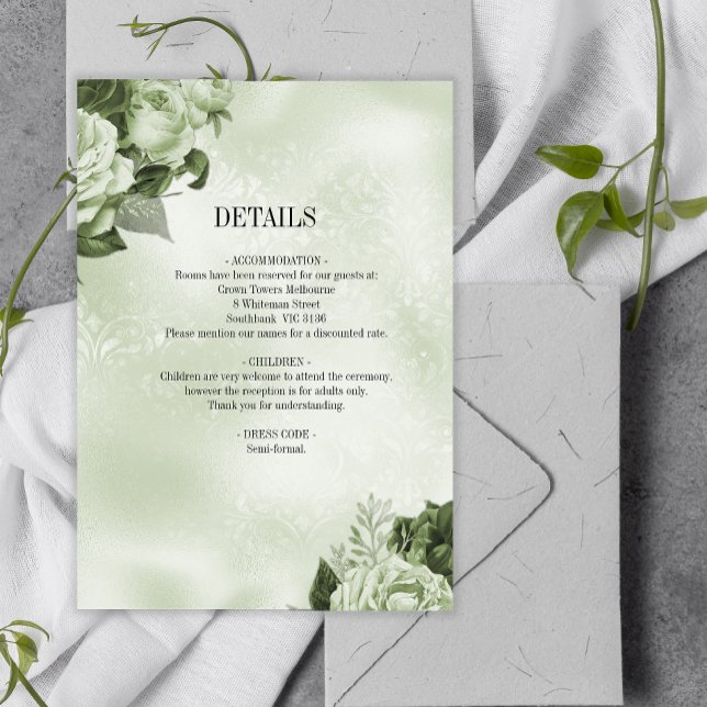 Green Rustic Roses Damask Wedding Details Enclosure Card (Creator Uploaded)