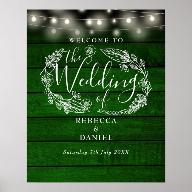 Green Rustic String Lights Wedding Welcome Sign (Front)