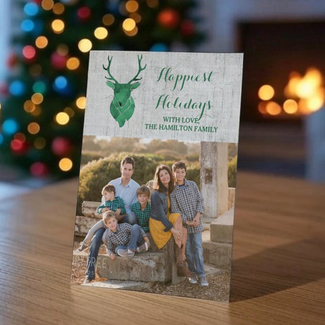 Green Rustic Watercolor Deer Holiday Photo Flat Card (Green Rustic Watercolor Reindeer Holiday Photo Card)