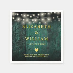 Green Rustic Wood Boho Barn String Lights Wedding Napkin