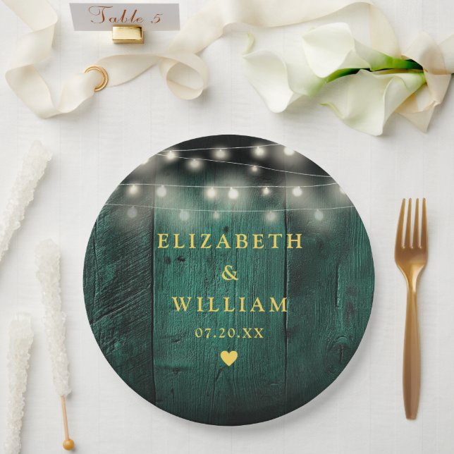 Green Rustic Wood Boho Barn String Lights Wedding Paper Plate (Wedding)
