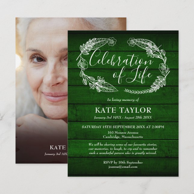 Green Rustic Wood Celebration of Life Photo Announcement Postcard (Front/Back)