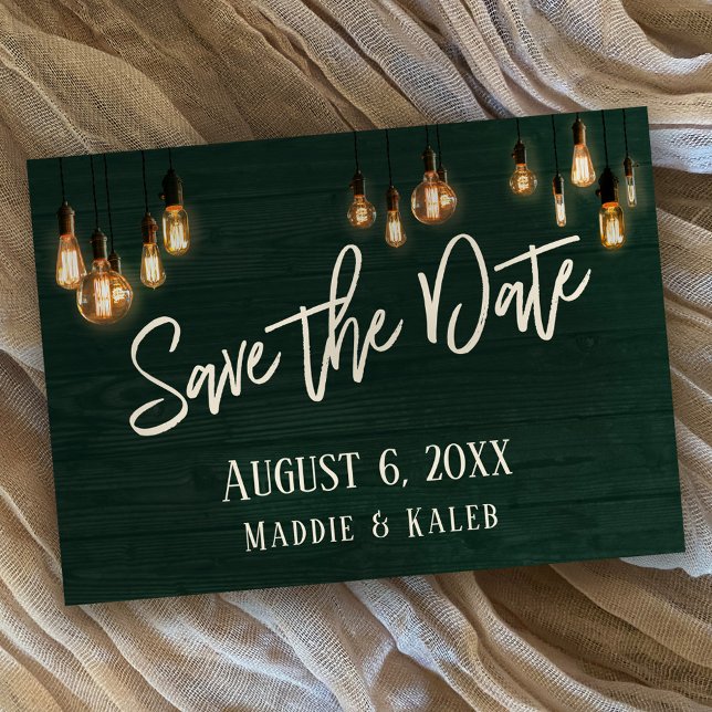 Green Rustic Wood Edison Lights Save the Date (Creator Uploaded)
