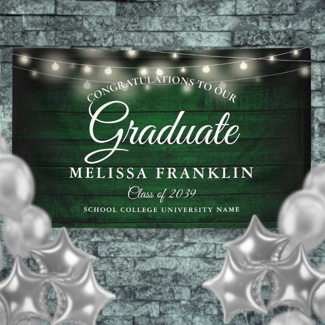 Green Rustic Wood String Lights Graduation Banner (Green Rustic Wood String Lights Graduation Banner)