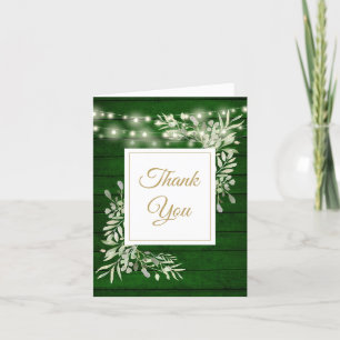 Green Rustic Wood String Lights Greenery Photo Thank You Card