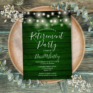 Green Rustic Wood String Lights Retirement Party Invitation