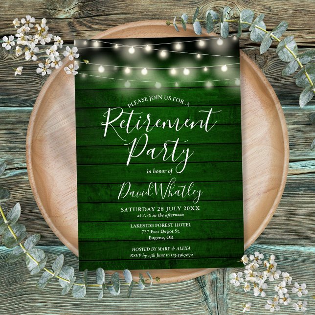 Green Rustic Wood String Lights Retirement Party Invitation (Green Rustic Wood String Lights Retirement Party Invitation)