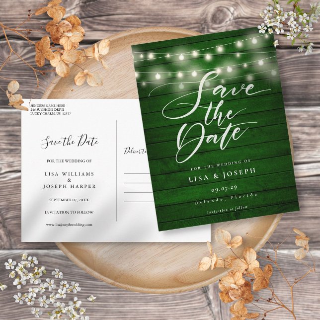 Green Rustic Wood String Lights Save the Date Postcard (Green Rustic Wood String Lights Save the Date Postcard)