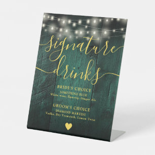 Green Rustic Wood String Lights Signature Drinks Pedestal Sign