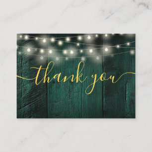 Green Rustic Wood String Lights Wedding Thank You Place Card