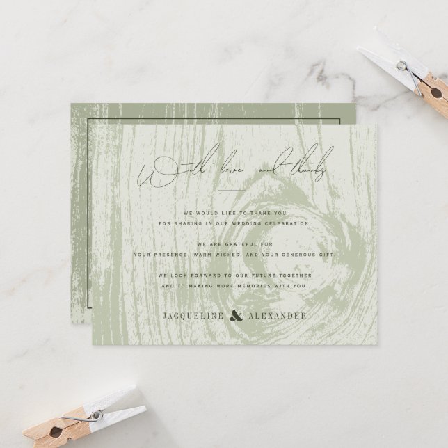 Green Rustic Woodgrain Spring Wedding Thank You Invitation (Front/Back In Situ)