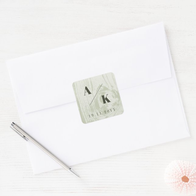 Green Rustic Woodgrain Texture Spring Wedding Square Sticker (Envelope)