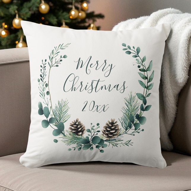 Green Rustic Wreath Farmhouse Merry Christmas Cushion (Green Rustic Wreath Farmhouse Merry Christmas Throw Pillow)