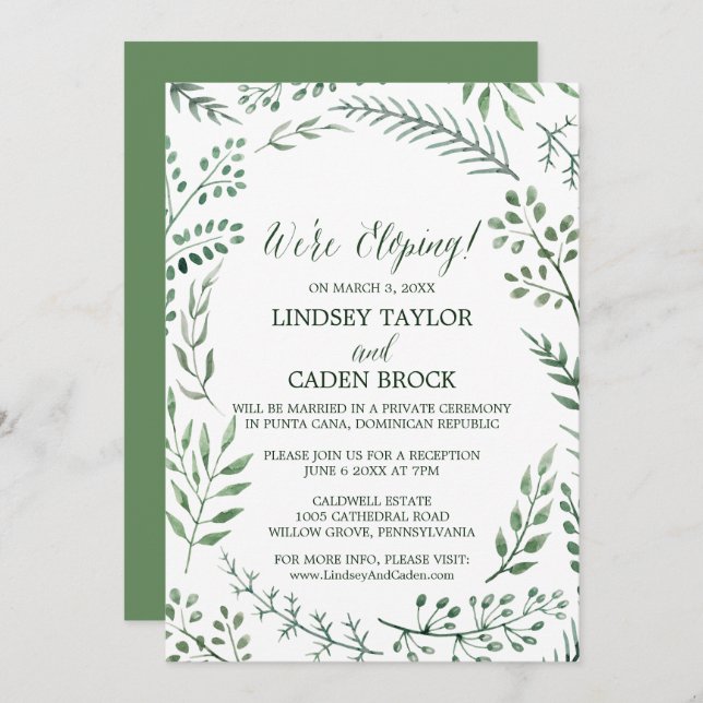 Green Rustic Wreath We're Eloping Reception Only Invitation (Front/Back)