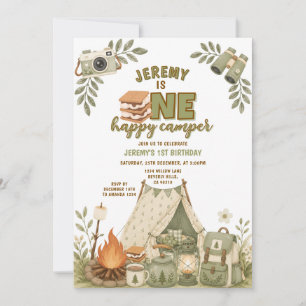 Green S’mores Camping Boy Camper Party Gingham Invitation