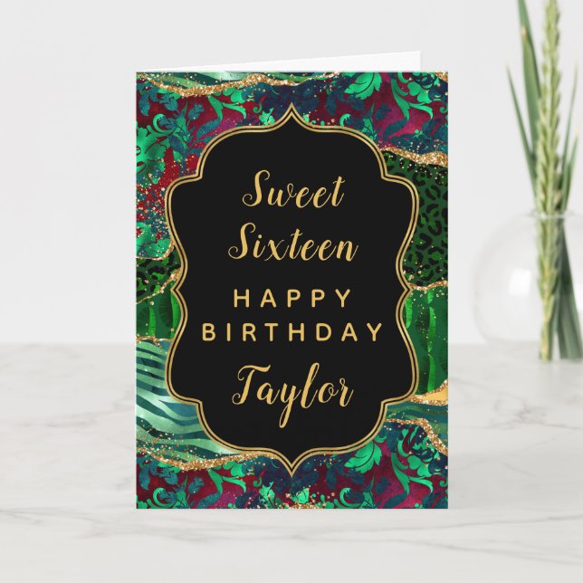 Green Safari Agate Sweet 16 Happy Birthday Card (Front)