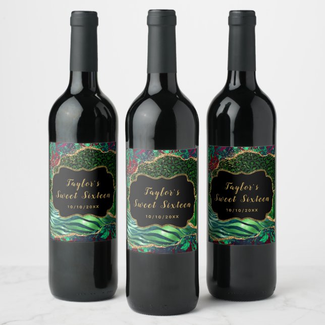 Green Safari Agate Sweet Sixteen Wine Label (Bottles)