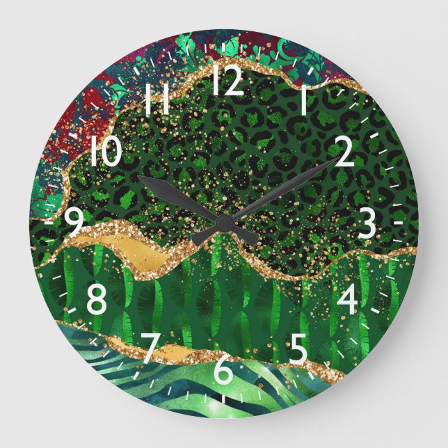 Green Safari Animal Print Agate Large Clock (Front)
