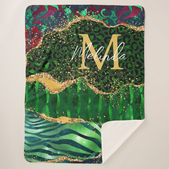 Green Safari Animal Print Agate Sherpa Blanket (Front)