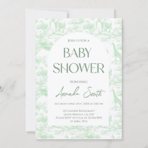 Green Safari Animals Toile De Jouy Baby Shower Invitation