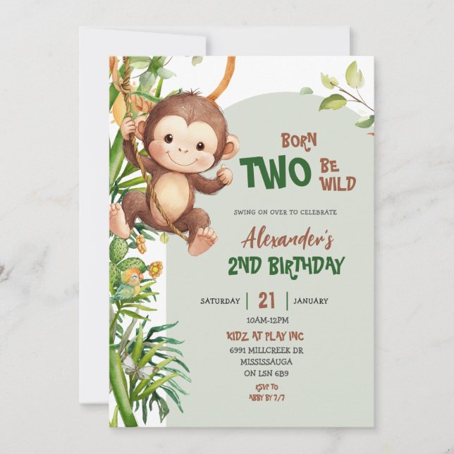 Green Safari Monkey Born Two Be Wild 2nd Birthday Invitation (Front)