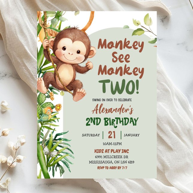 Green Safari Monkey See Monkey Two 2nd Birthday Invitation (Creator Uploaded)